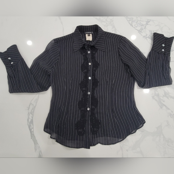 Bebe Black and White Striped Lace Button Up Long Sleeve Blouse Size Medium - Picture 2 of 4